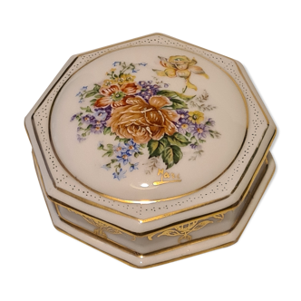 Limoges porcelain candy box hand-enhanced with floral decoration signed Marc