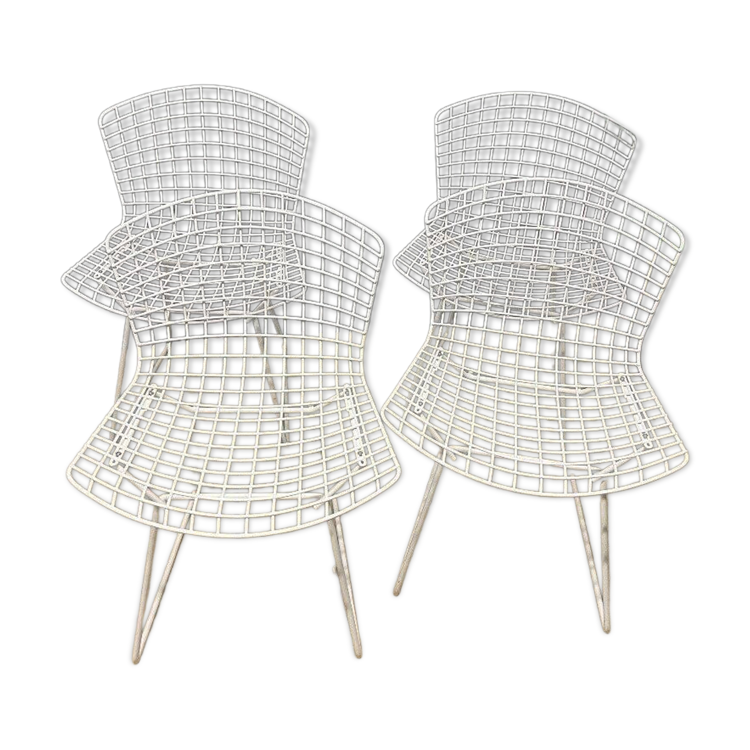 4 Chaises vintages Harry Bertoia Wire en maille de der Laqué Blanc Knoll