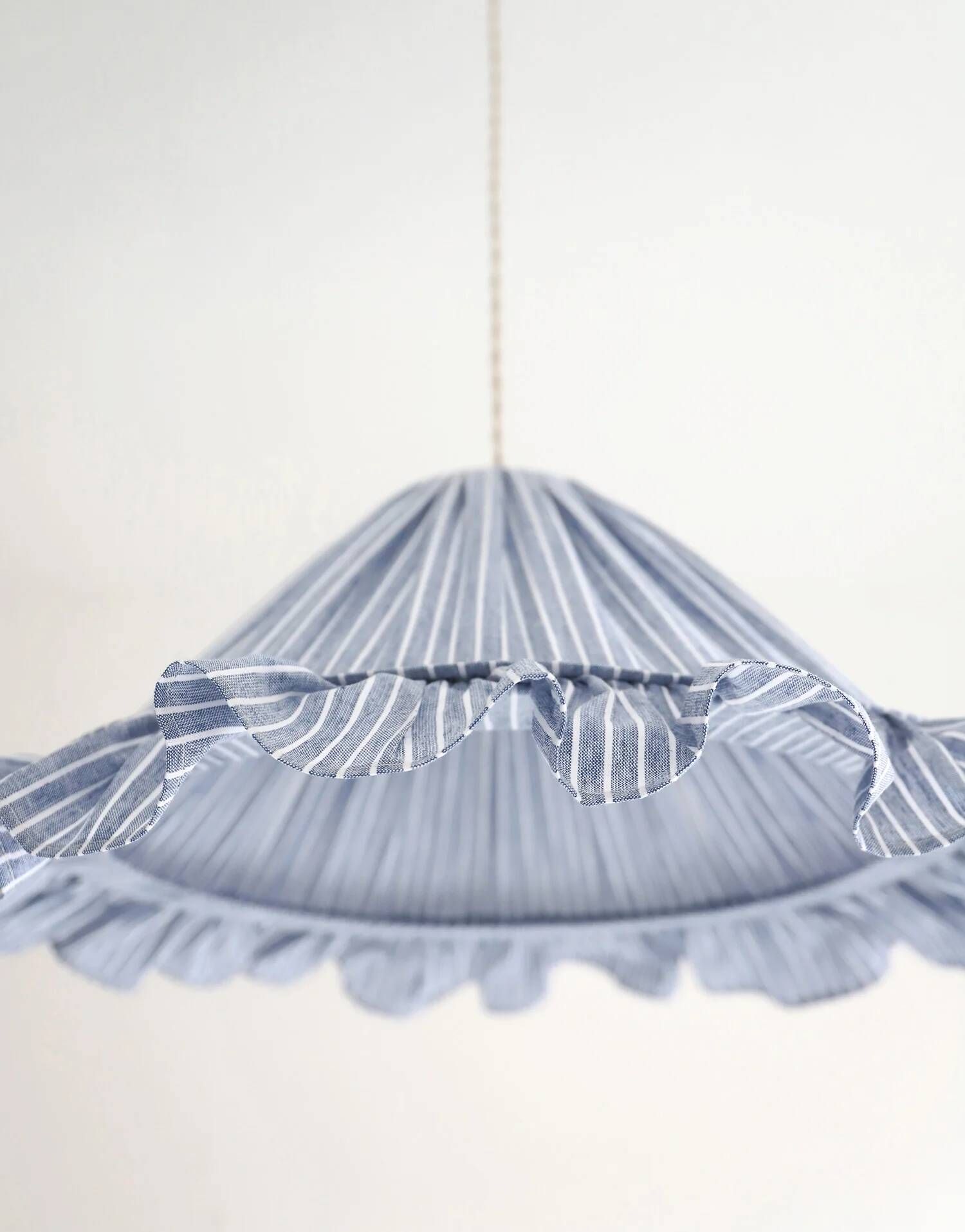 Suspension Emilia, pleated lampshade with frills, blue stripes.