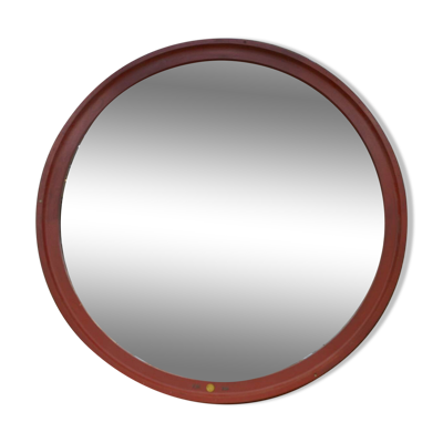 Grand miroir rond industriel en bois 1920