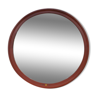 Grand miroir rond industriel en bois 1920