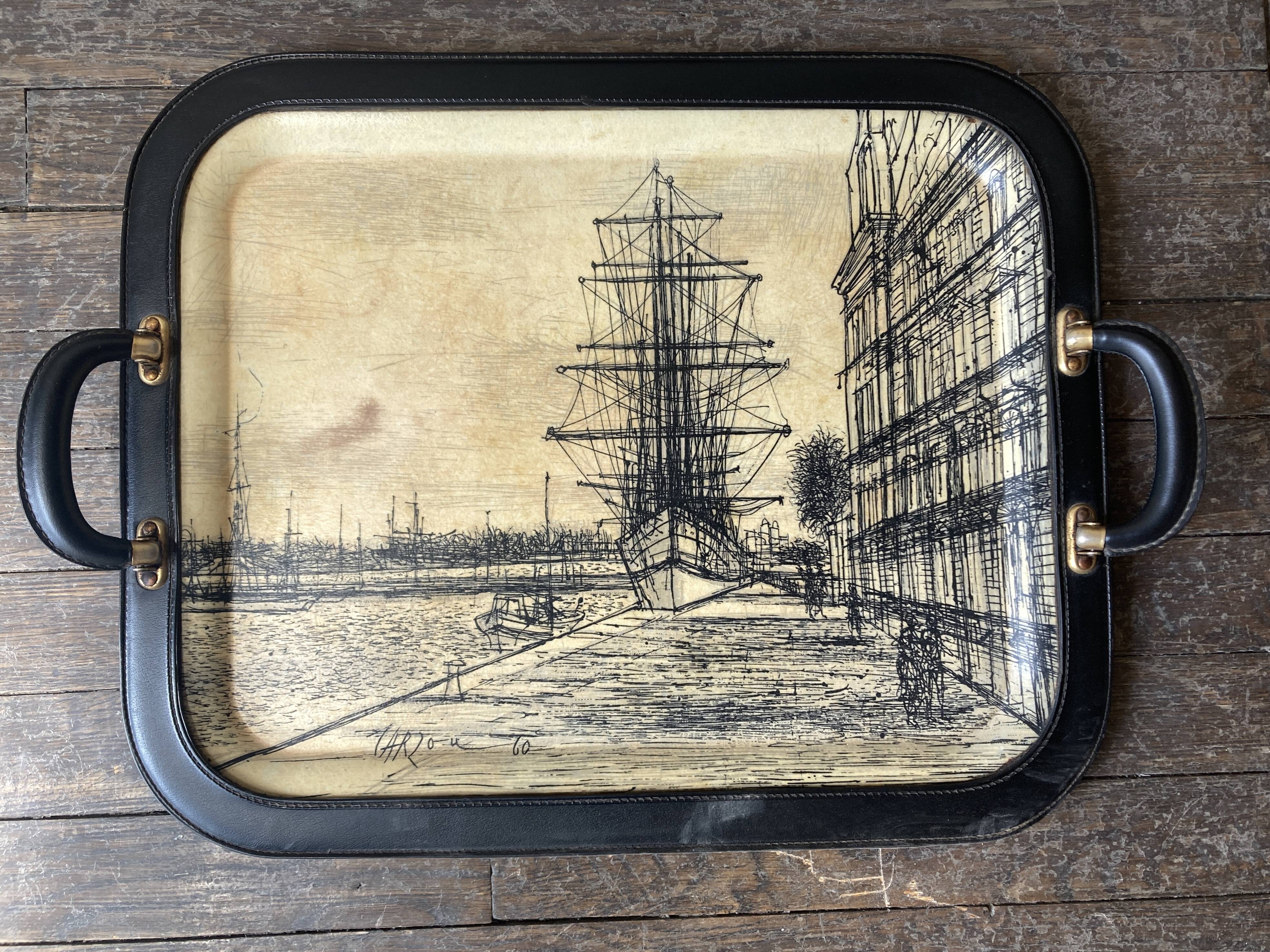 1960s Carzou Brutalist period tray, fiber and black leather