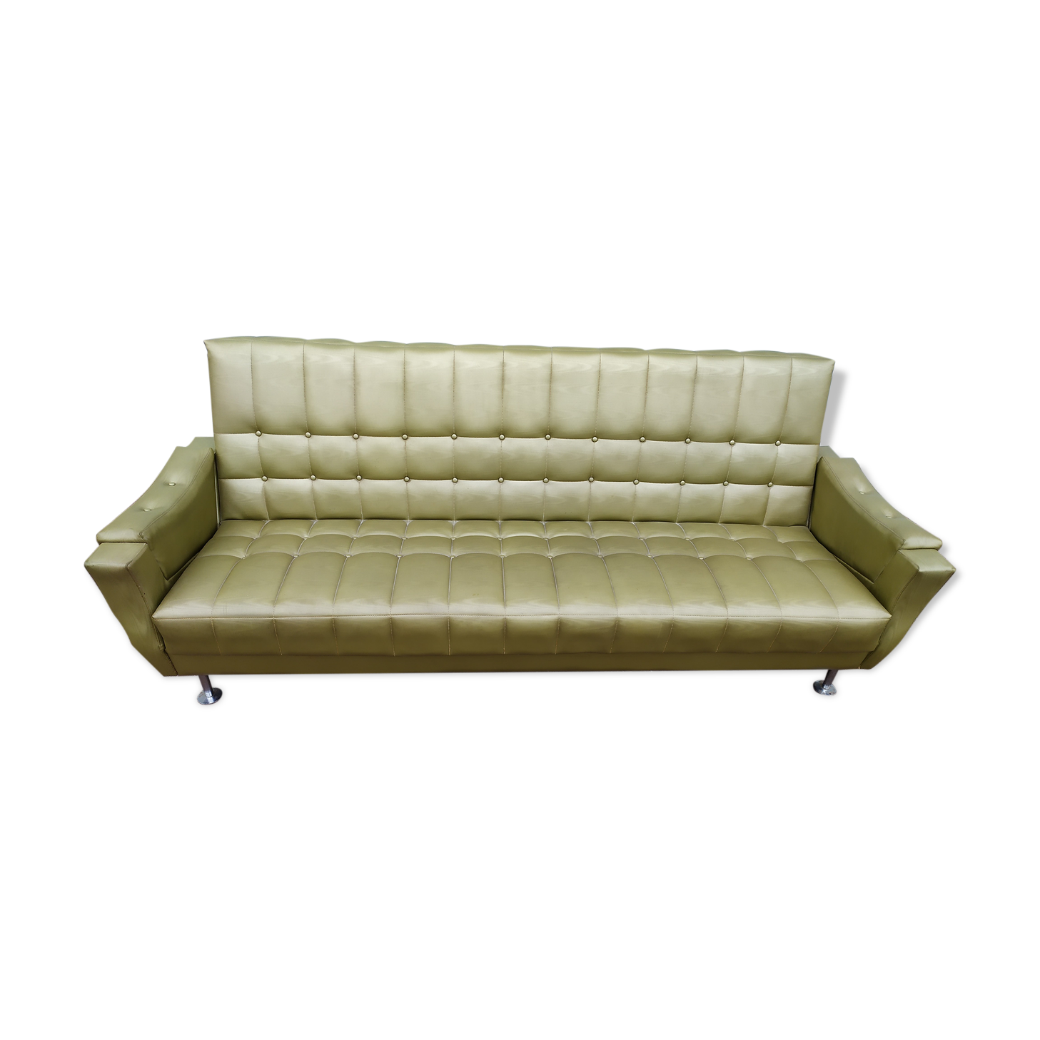 Canapé lit 3 places vintage skaï effet bois vert 1970
