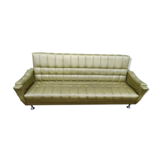 Sofa bed 3 places - Vintage Skaï effect Green wood - 1970