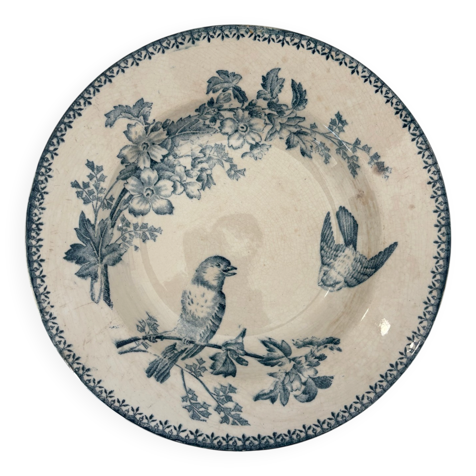 Assiette creuse longwy mesange terre de fer bleu - faïence ancienne fr