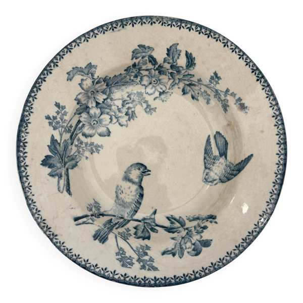 Assiette creuse longwy mesange terre de fer bleu - faïence ancienne fr