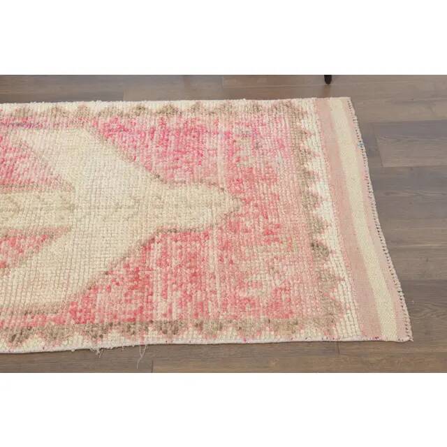 Vintage Turkish Oushak handmade wool cotton pink runner rug 83x310
