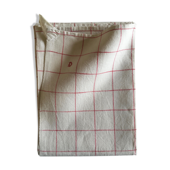 60s-Year-old window checkered linen towel, embroidered D