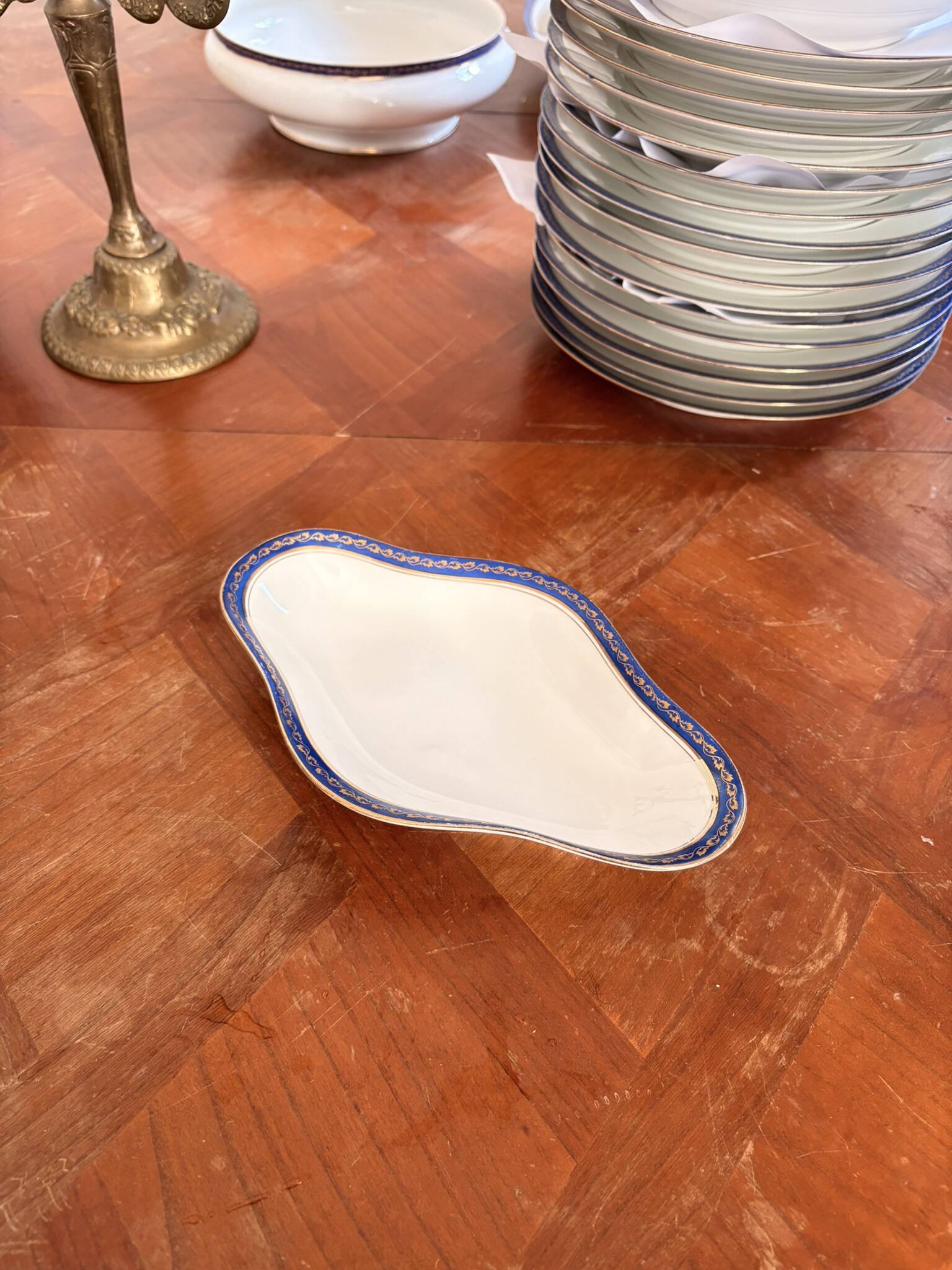 Plate, Ramekin, Salad Bowl 23cm, Limoges Porcelain, Blue and Gold, Betoule