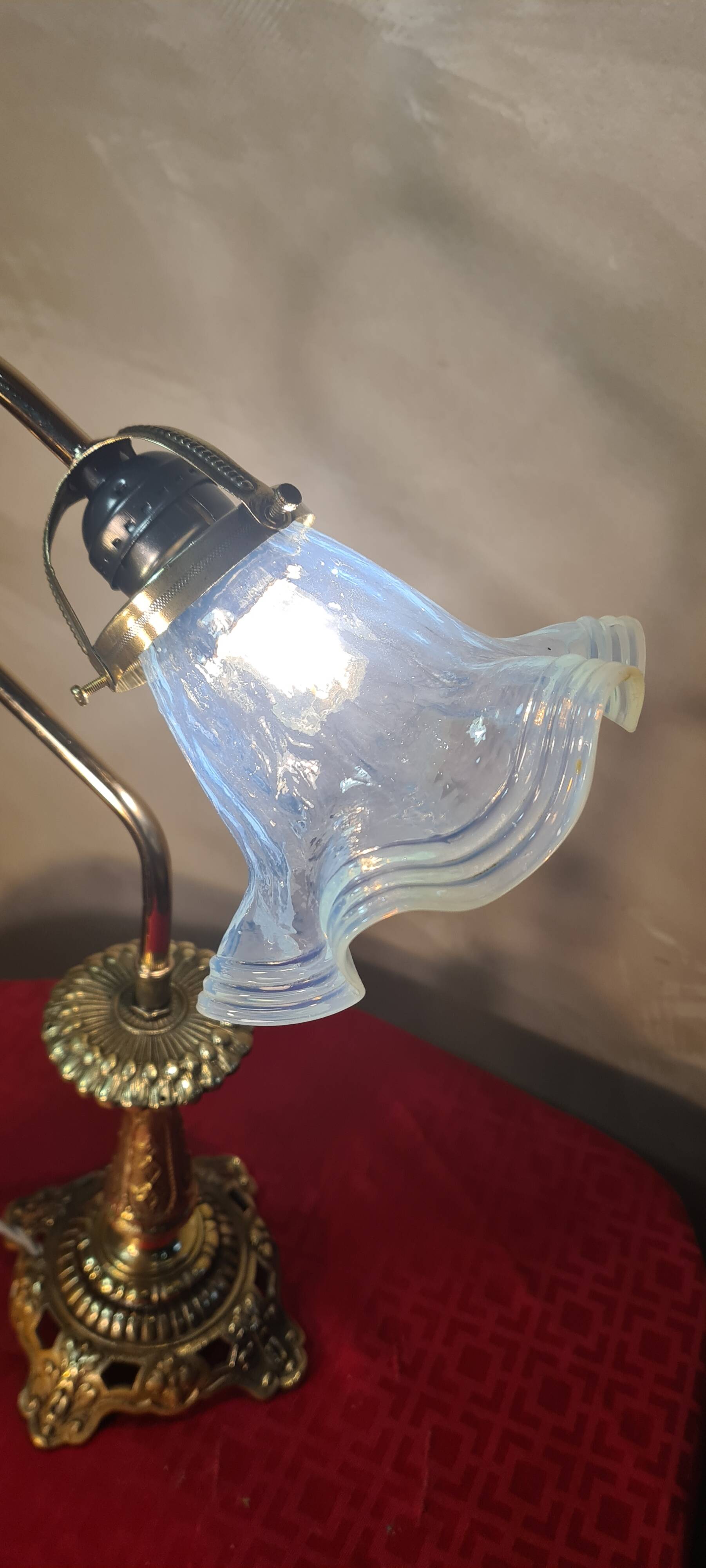 bronze art nouveau tulip lamp with translucent blue lace glass 39x25 cm