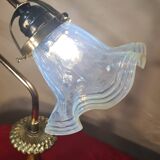 bronze art nouveau tulip lamp with translucent blue lace glass 39x25 cm