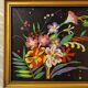Floral embroidery on black silk framed 1950