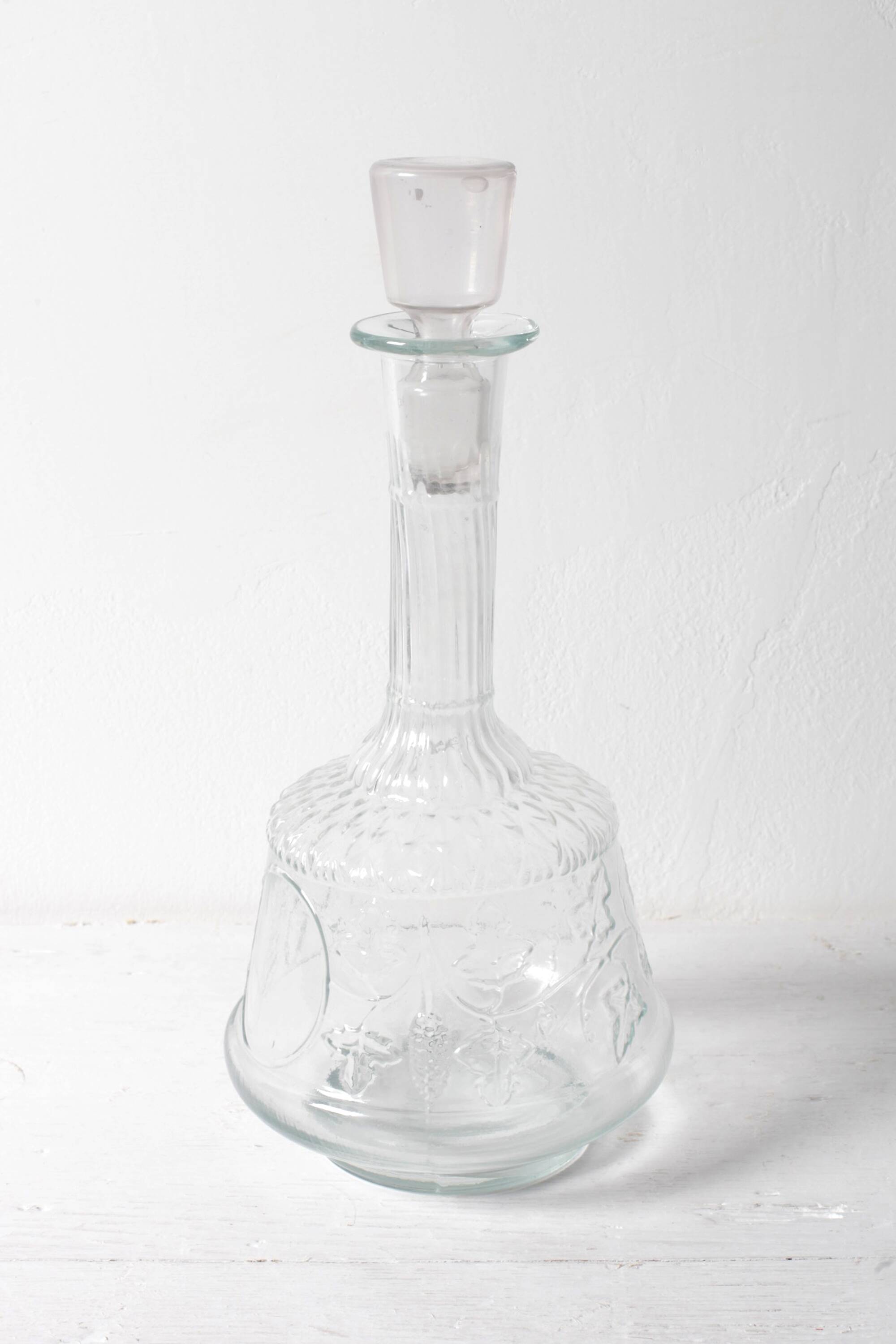 Clear Pressed Glass Floral Patterned Wine Bottle with Stopper / Italy /1930