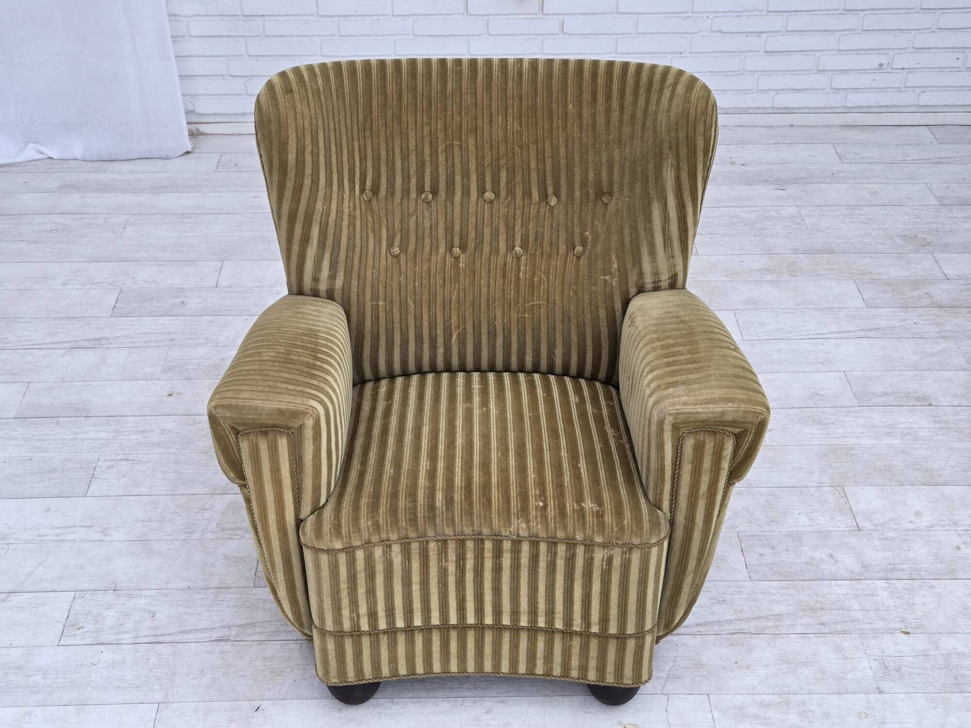 1960s, Danish relax armchair, furniture velour, oak wood.