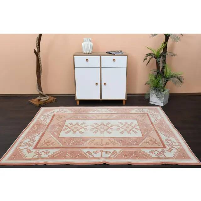 1970s Vintage Turkish Oushak Handmade Wool Cotton Pink Area Rug  168x220