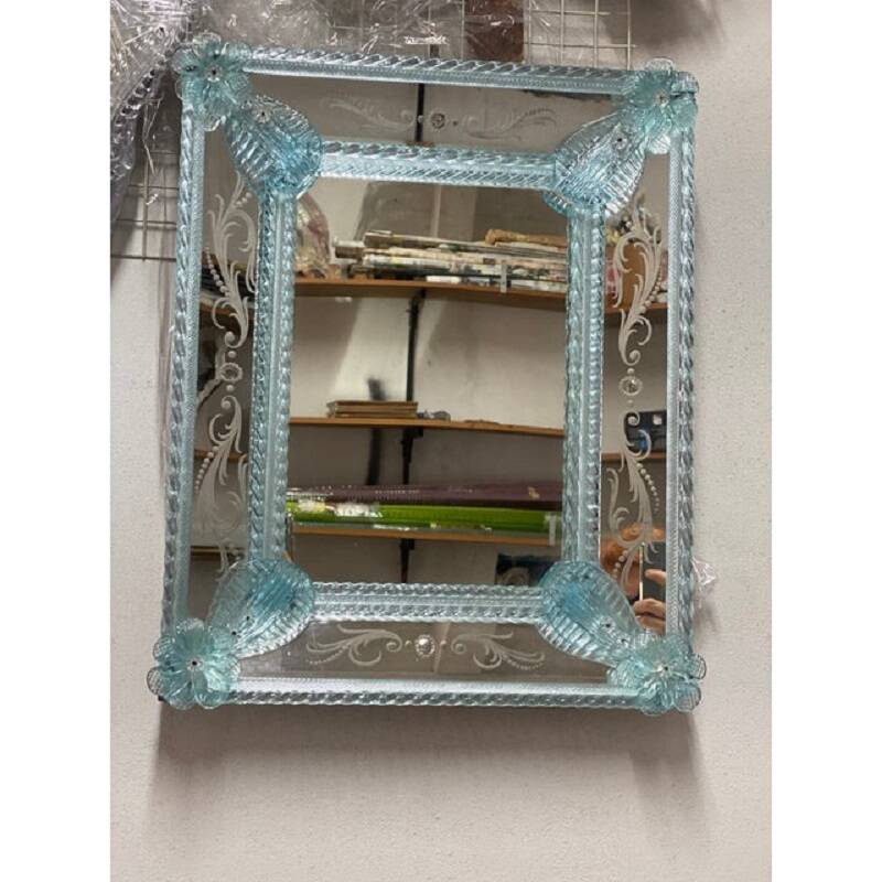 Venetian rectangular light-blue floreal hand-carving mirror in murano glass style