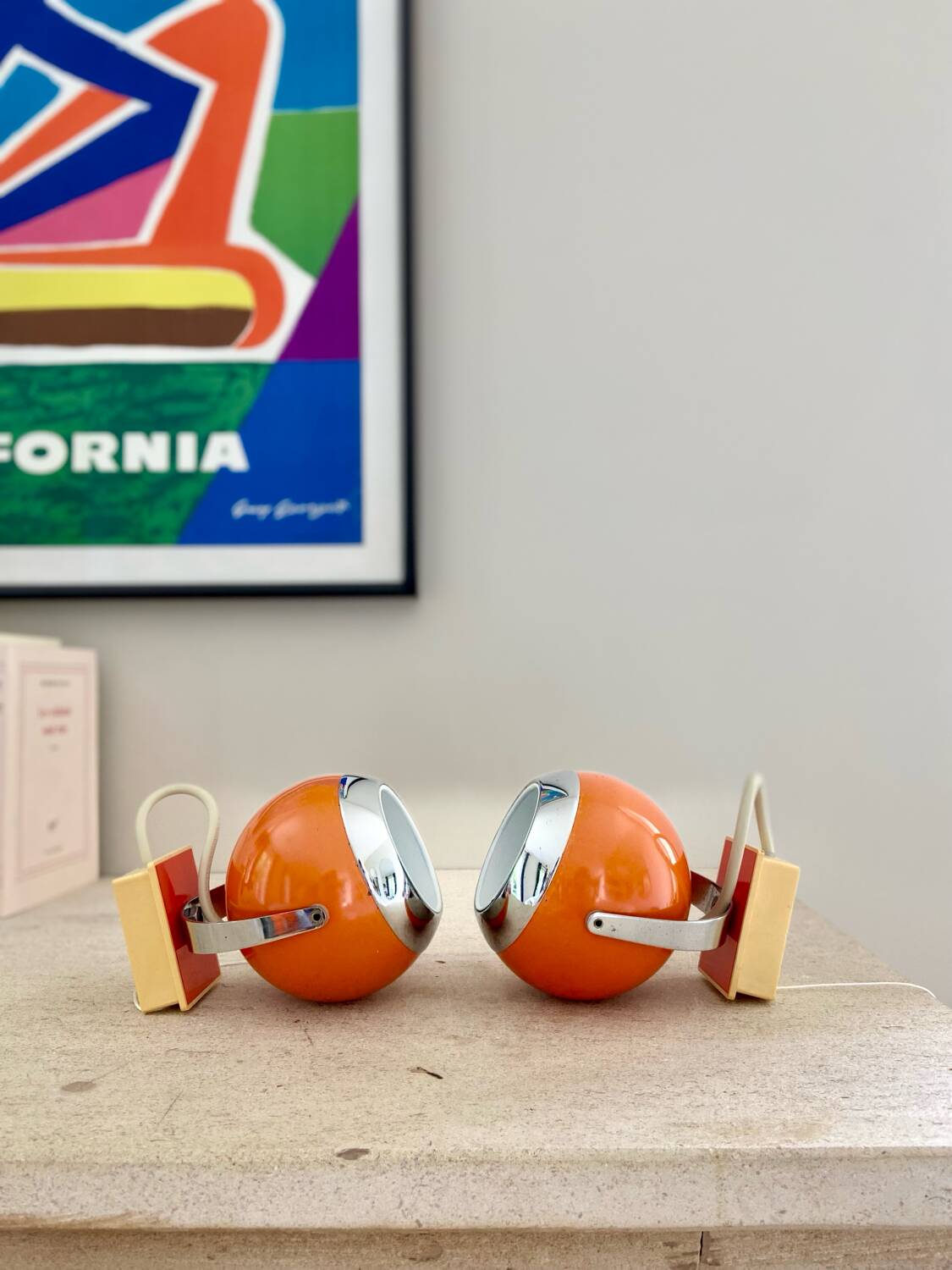 Pair of bright orange "Eye-Ball" wall lights - 1970.