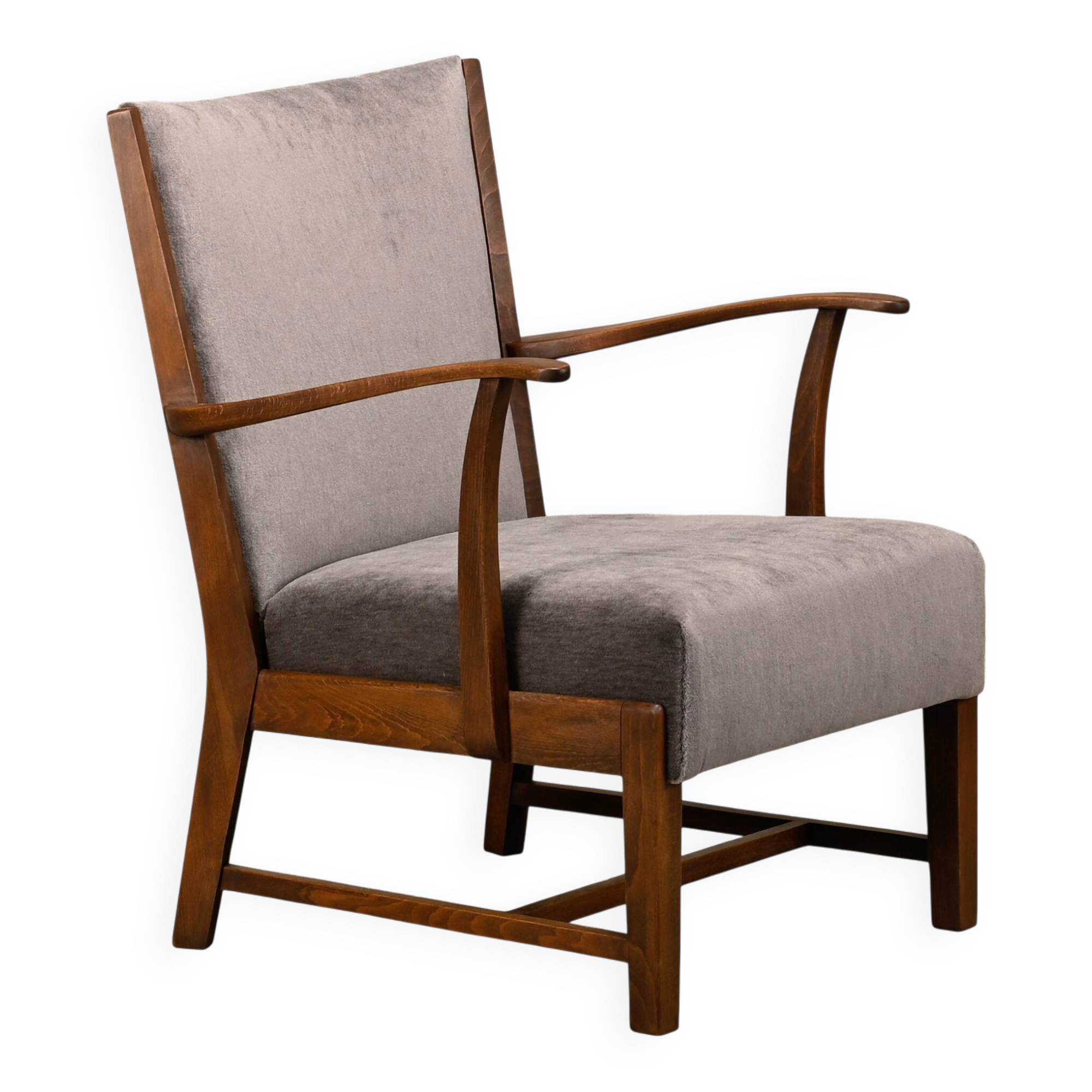 Fritz Hansen Armchair in stained beech wood and warm Grey Mohair, 1940s