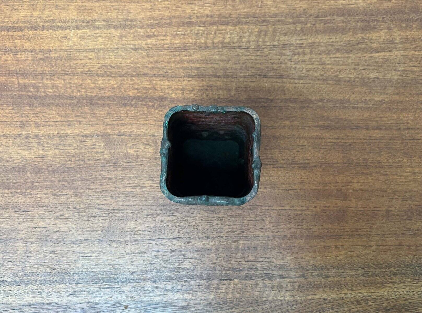 Brutalist metal block vase from the mid-century, 1960s.