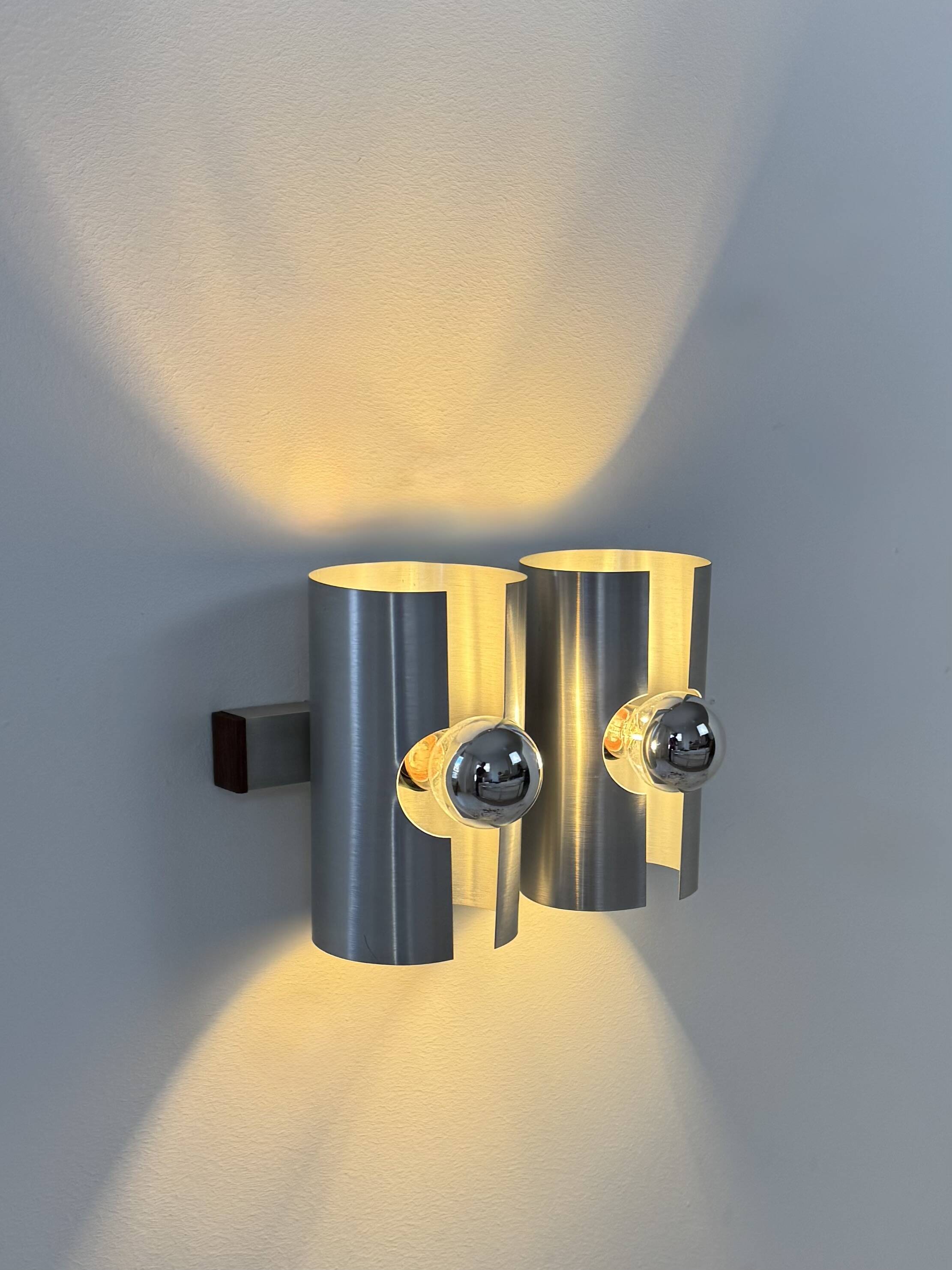 Vintage double wall light in brushed metal and rosewood, France, 1970.