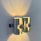 Vintage double wall light in brushed metal and rosewood, France, 1970.