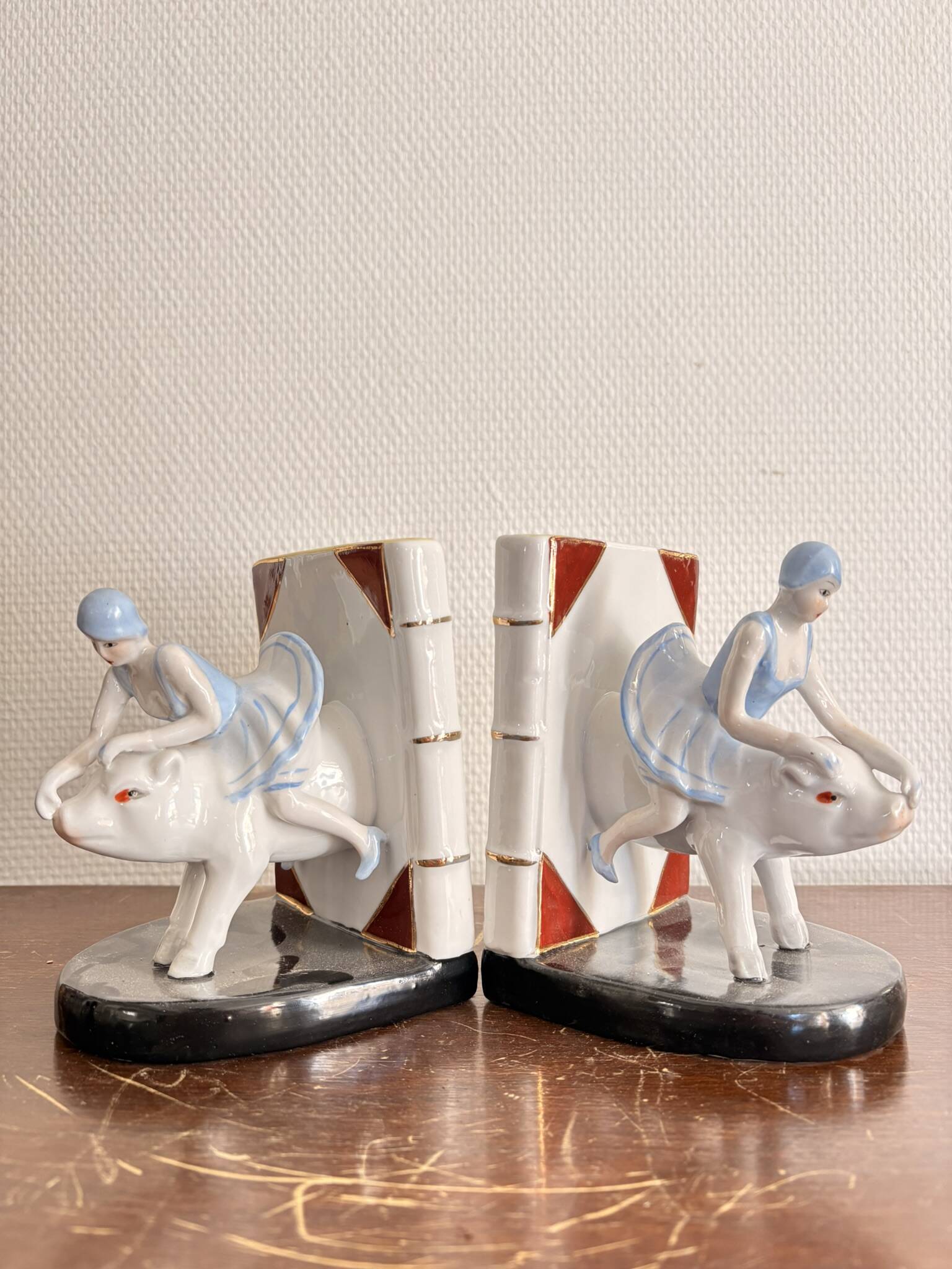 Old Pair of Bookends Porcelain White Girl Woman Equestrian Pig Art