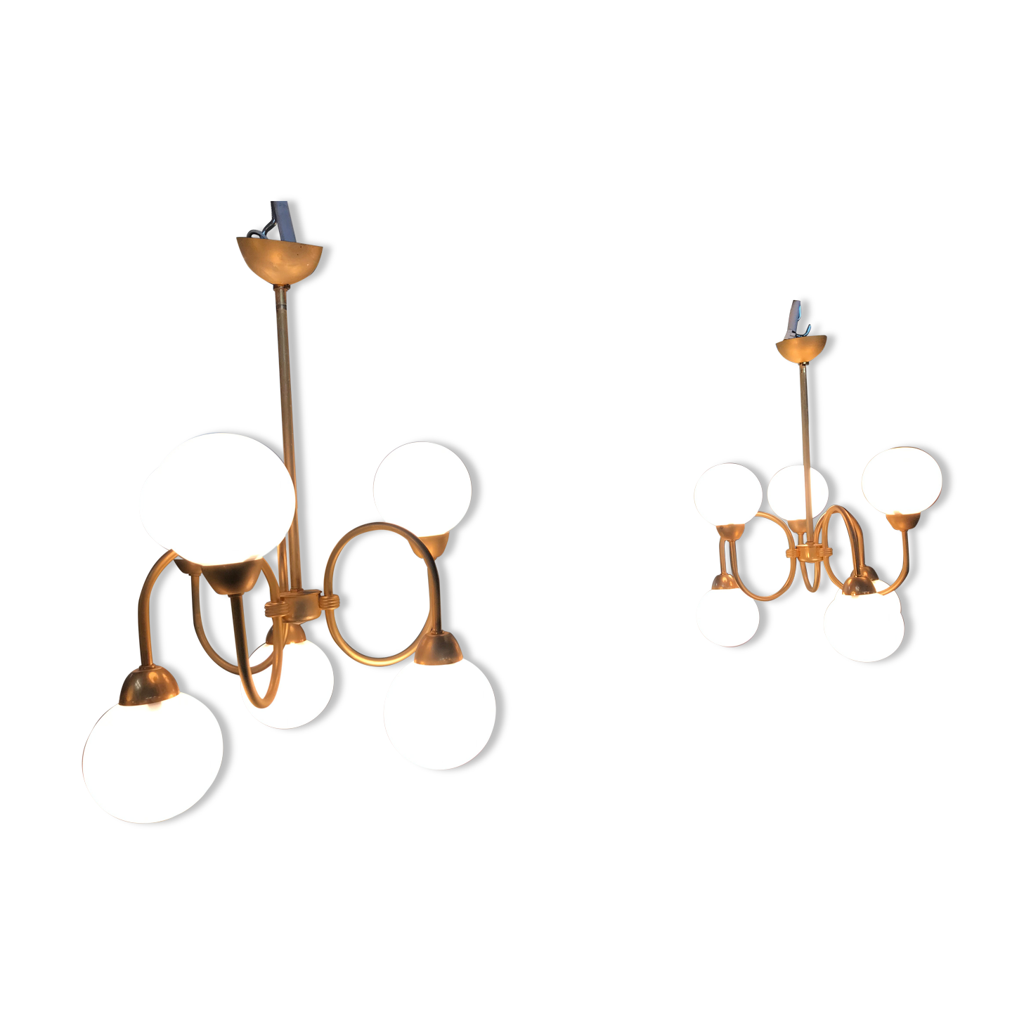 Pair of brass and opaline hanging lamps