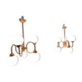 Pair of brass and opaline hanging lamps