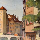 1940s French oil painting on wood. Cityscape