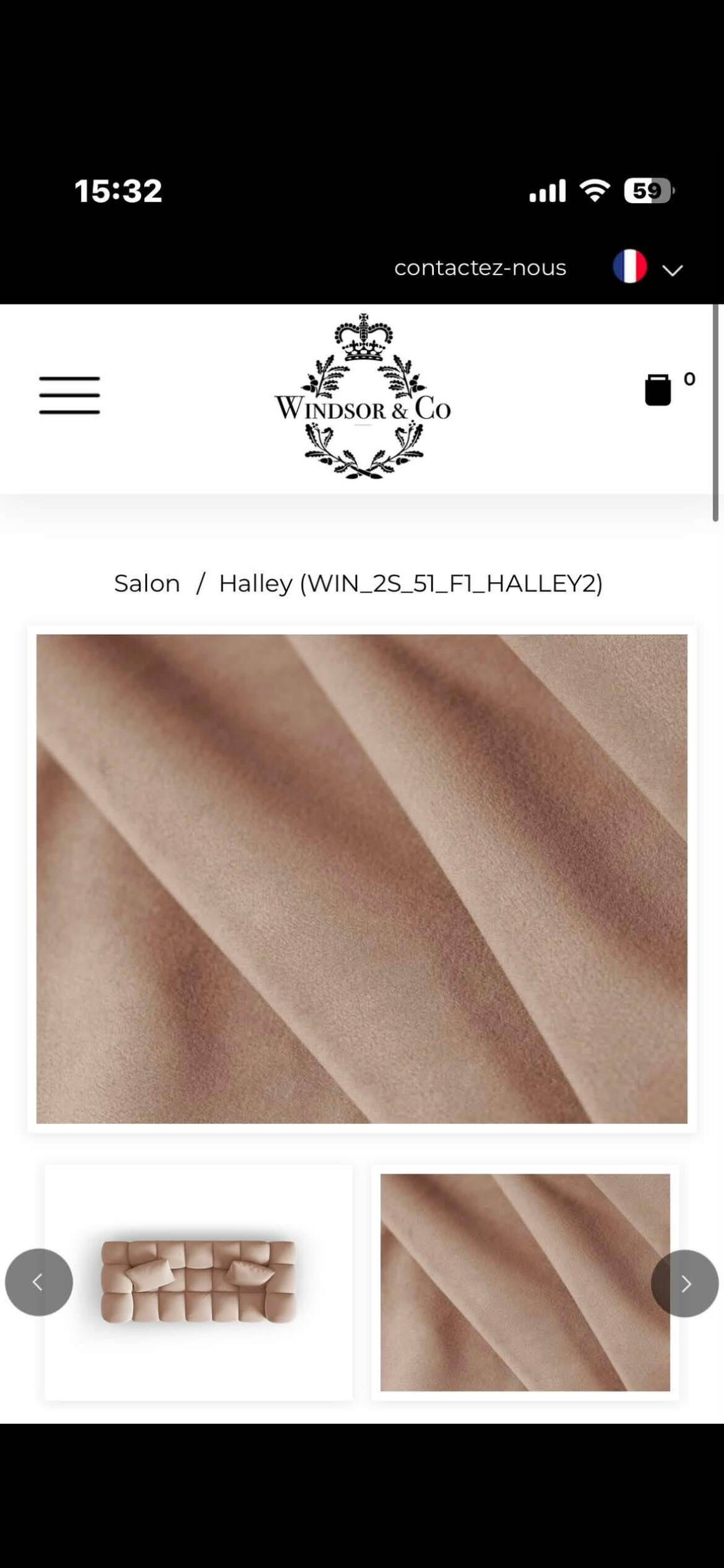Canapé Windsor & Co en velours taupe/beige - excellent état
