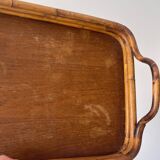 Vintage wooden and rattan tray with bamboo handle, bohemian style, wabi sabi, year