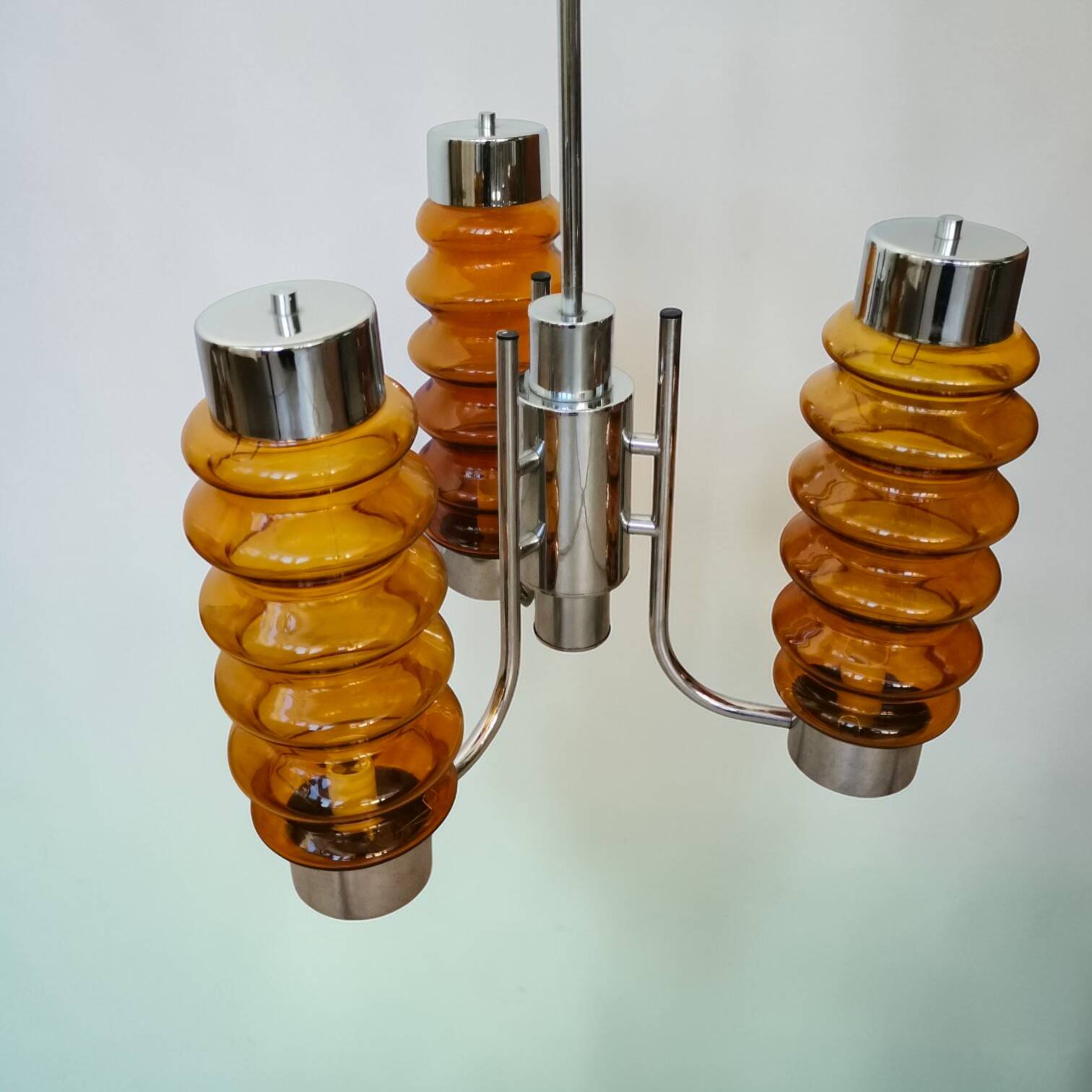 Mid Century Modern large chandelier with amber glass