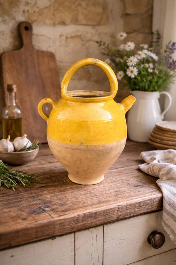 Ancienne cruche en terre vernissée jaune – esprit provença