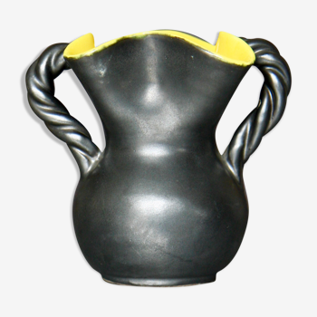 Black and yellow vase, Vallauris ceramics, twisted handles.