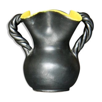 Vase noir et jaune céramique Vallauris anses torsadées
