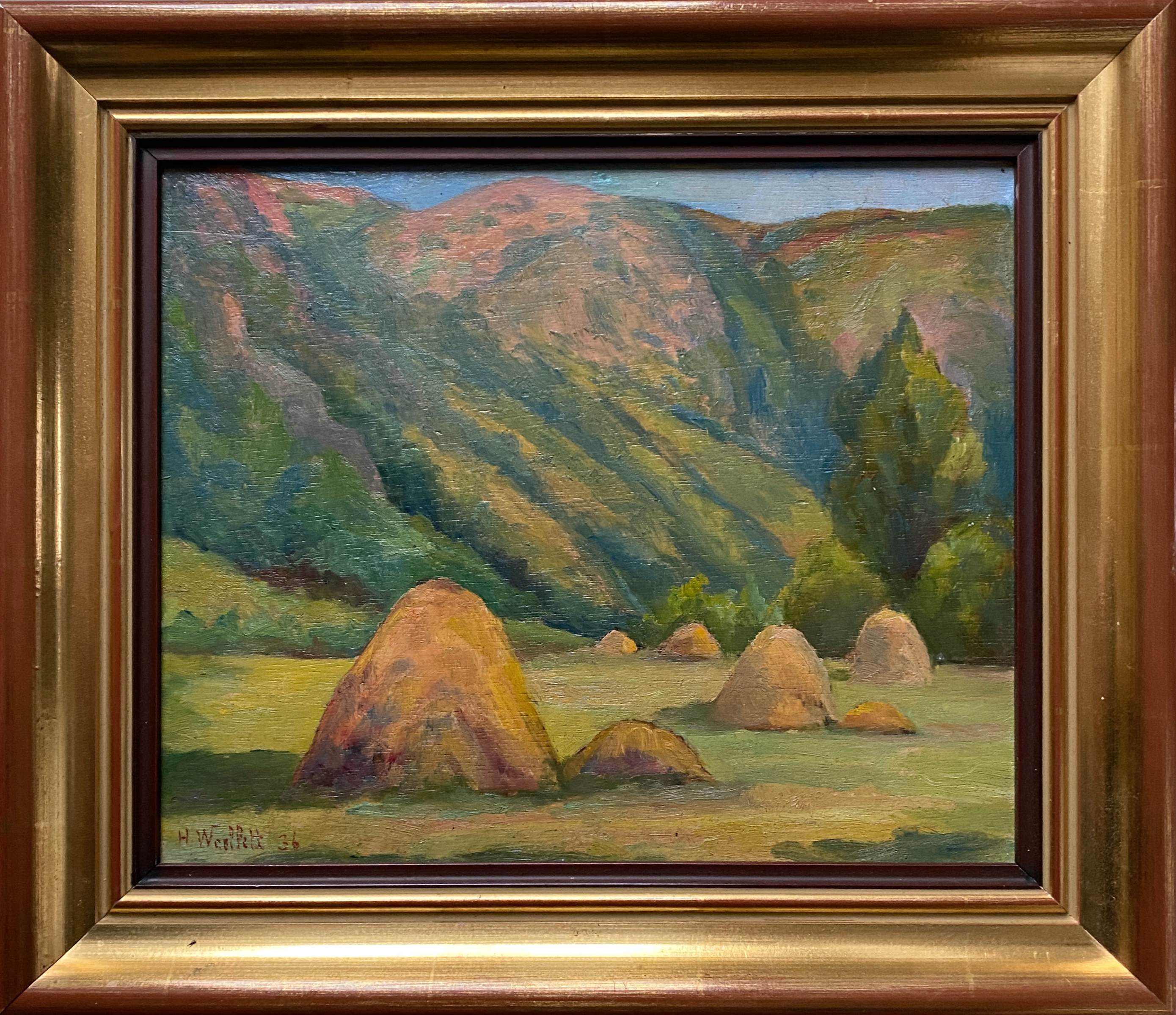 Oil painting on wood panel dated 1936