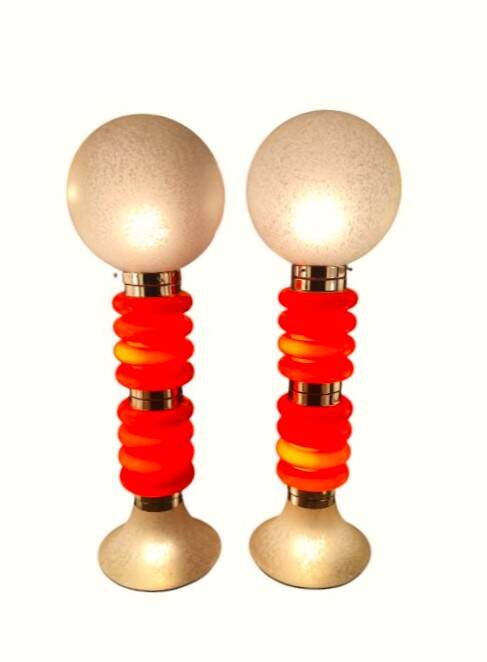 Paire de lampadaires vintage en verre de Murano orange italien de style Space-Age