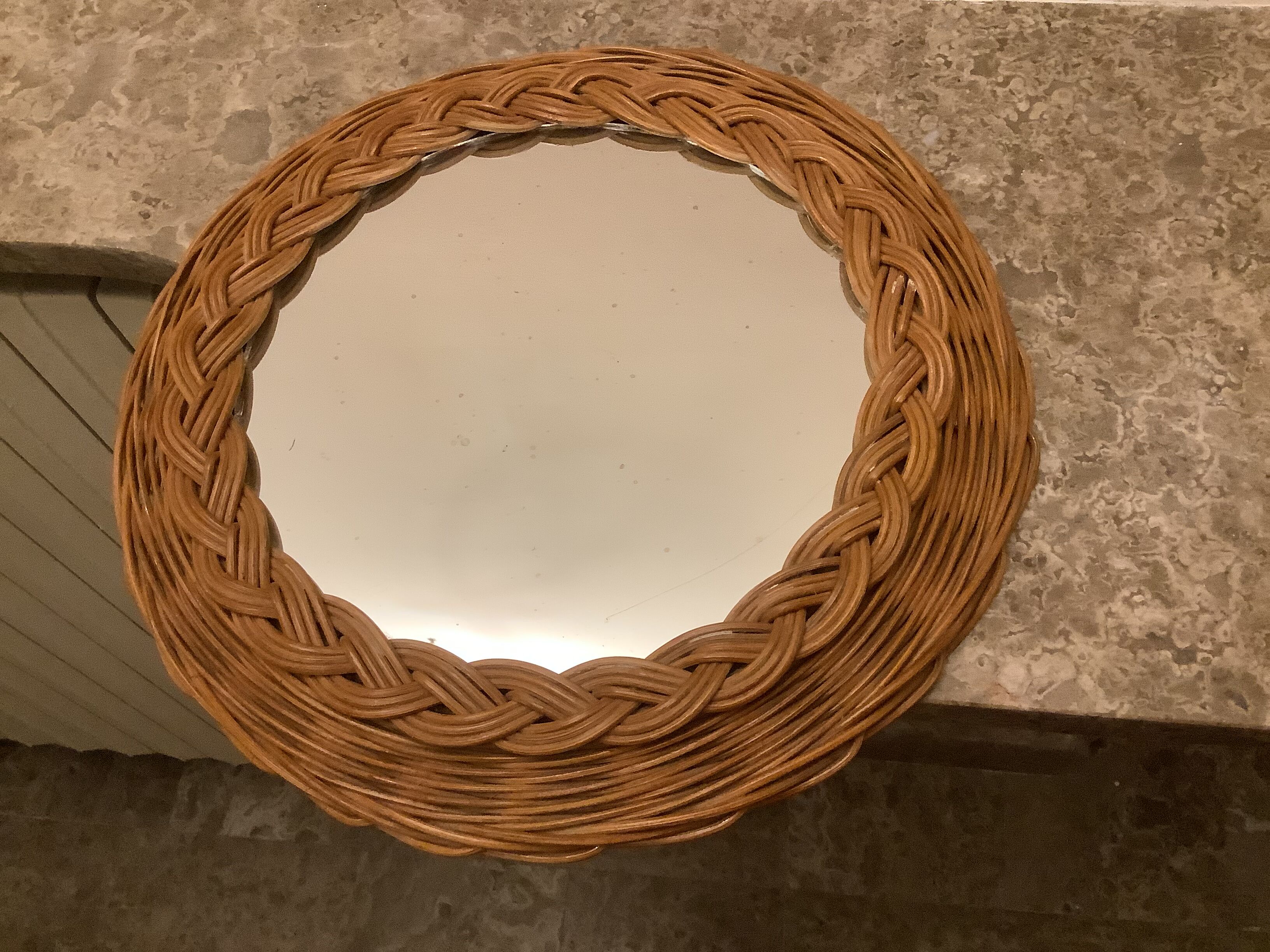 Old round mirror wicker rattan varnished