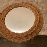 Old round mirror wicker rattan varnished