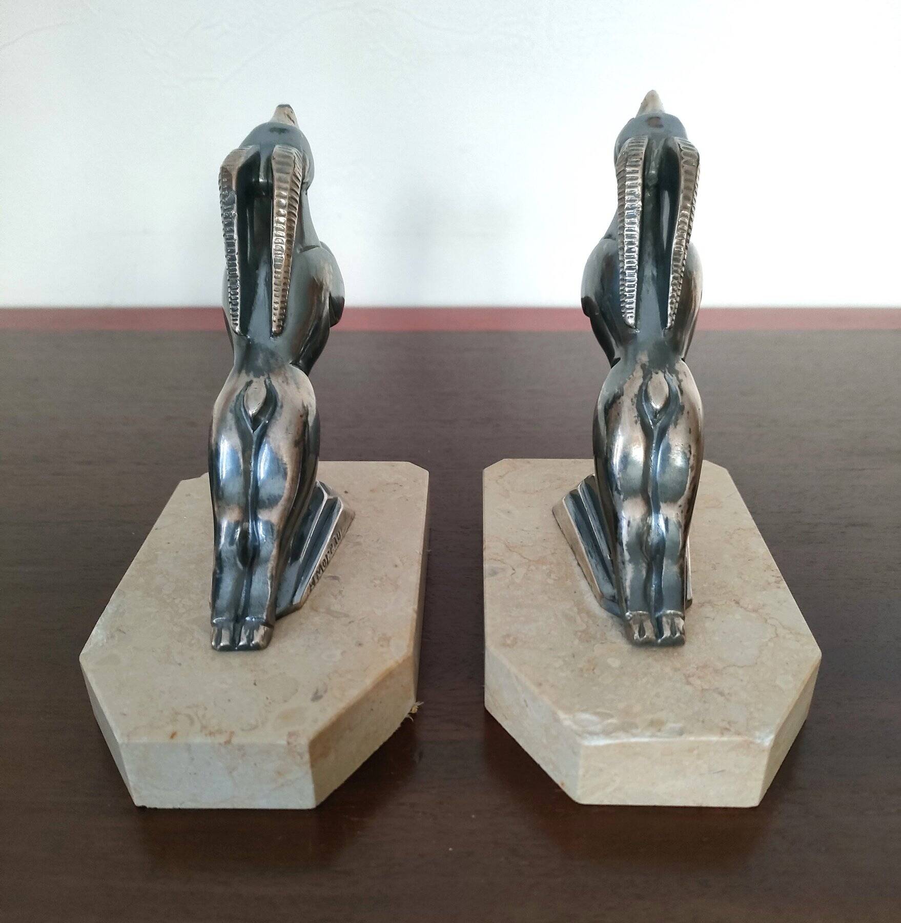 Pair of Gazelles bookends Hippolyte Moreau, signed - Spelter, marble