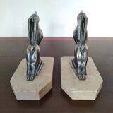 Pair of Gazelles bookends Hippolyte Moreau, signed - Spelter, marble