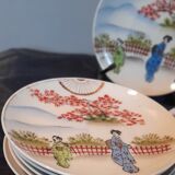 7 sub-cups / small plates porcelain extrafine geisha décor and Japanese landscape, early twentieth century