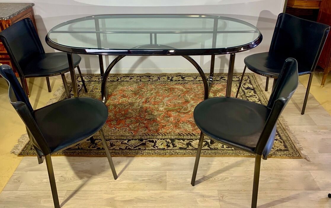 Glass and chrome steel table, design italy 1960