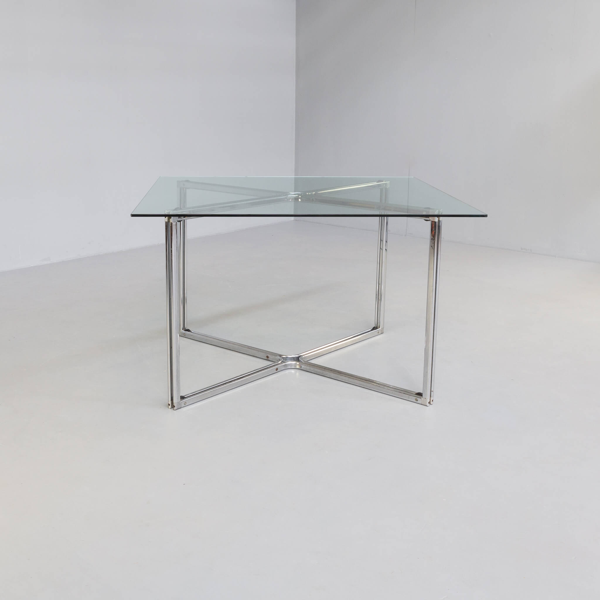 80s Chrome cross framed dining table glass table top