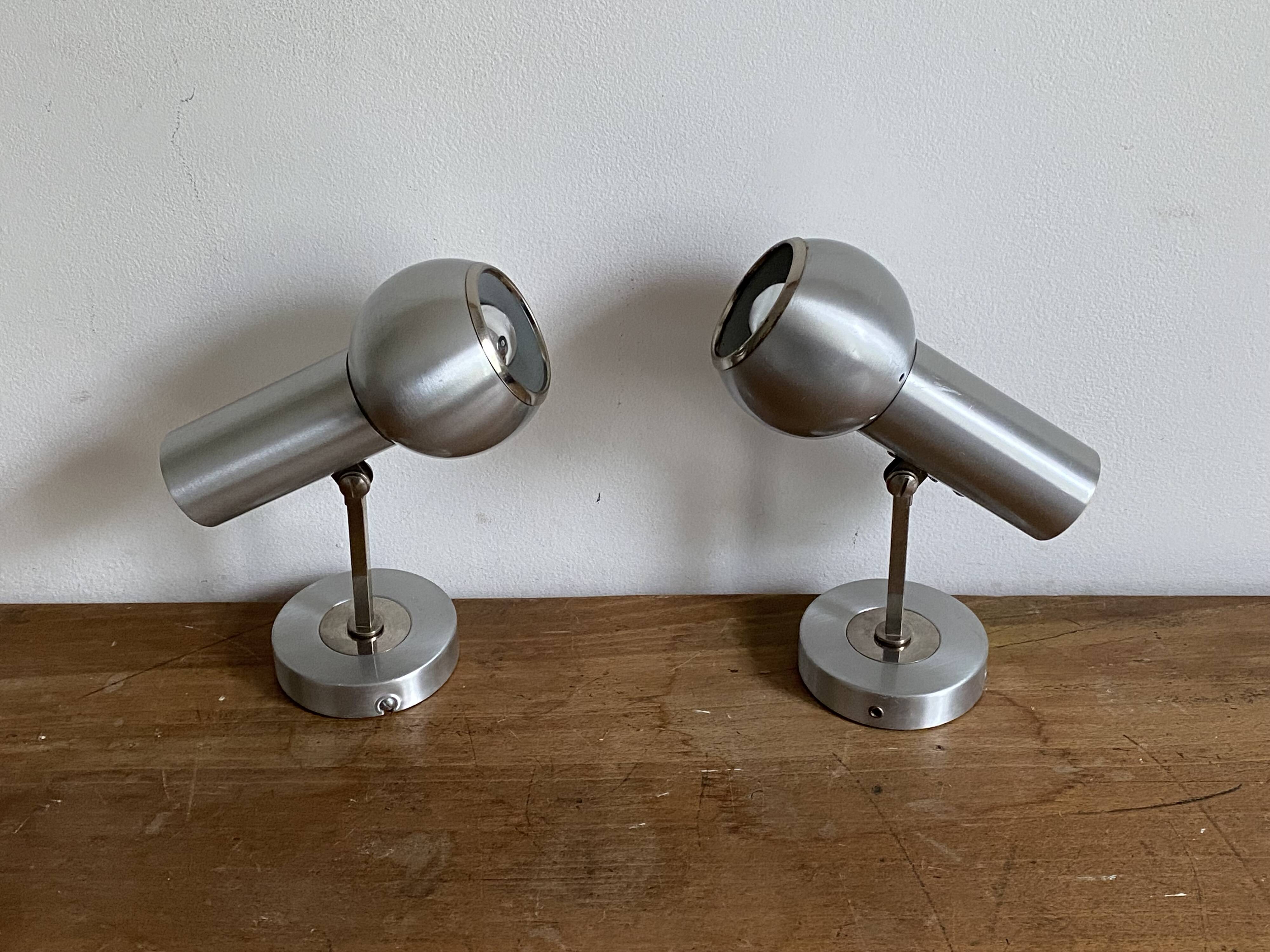 Pair of Eye Ball wall lights. 1970. Brushed stainless steel.