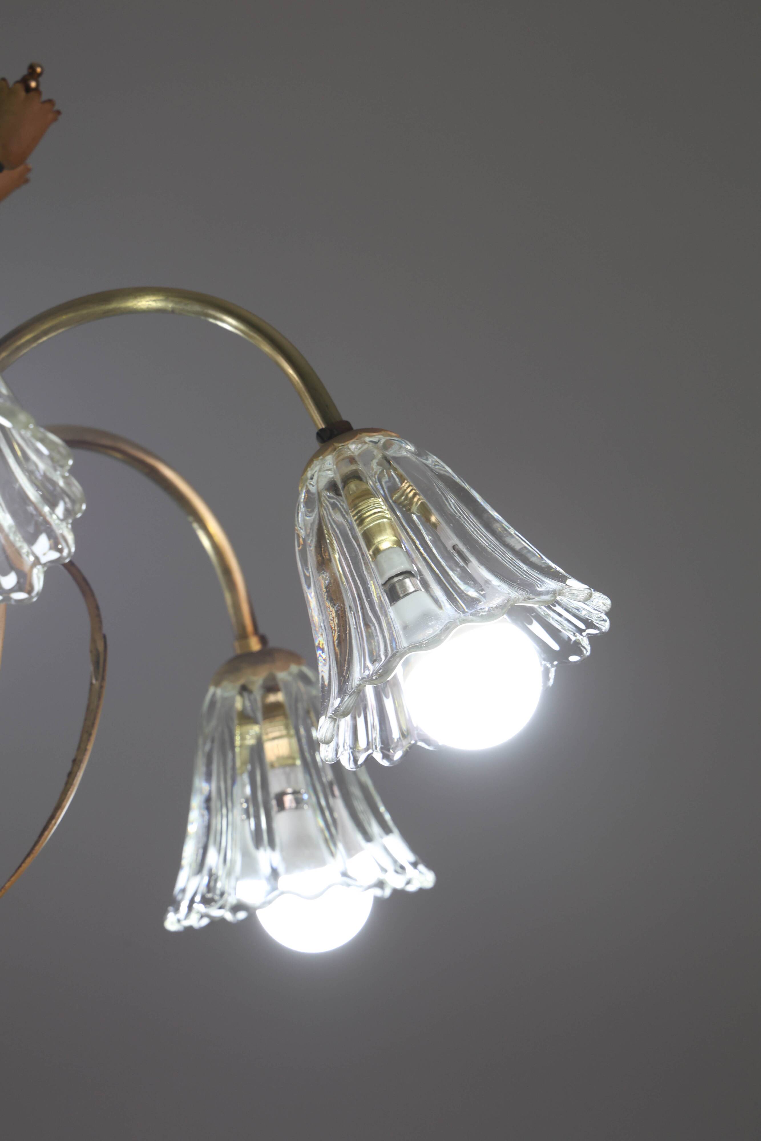 Art Deco Murano Glass and Brass Chandelier, 6 light, 1950