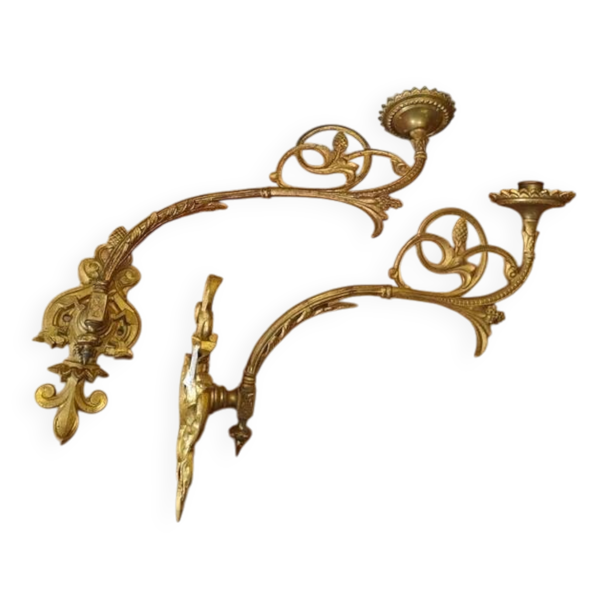 Set of two large antique brass candle wall sconces.