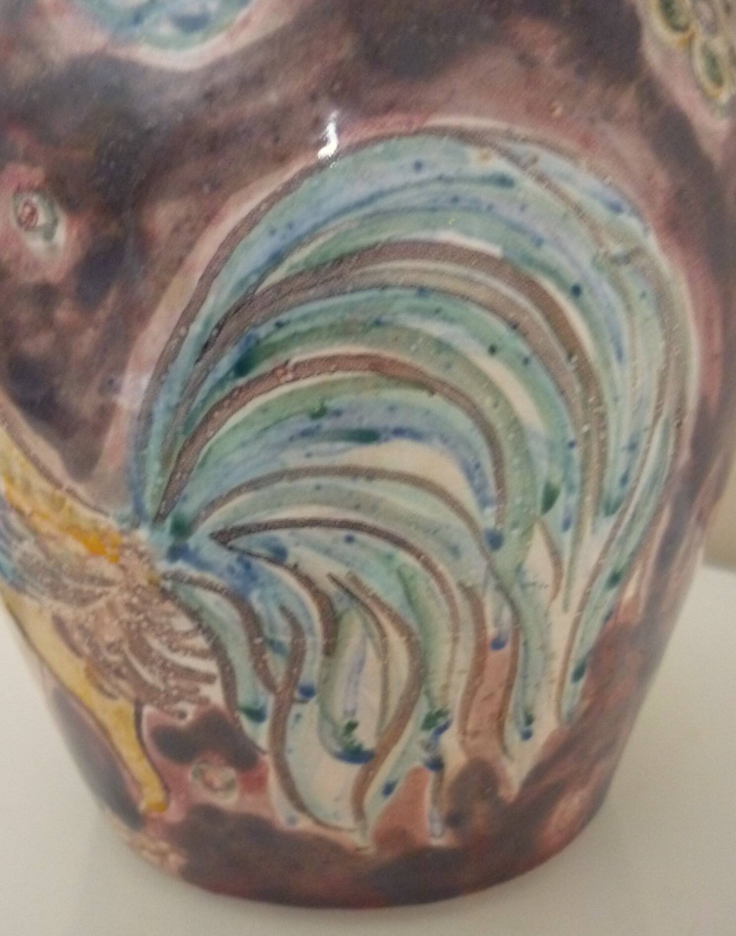 Rooster pitcher vase, glazed ceramic signed Jeanne Azambourg, Le Clos De Joye, 1960s