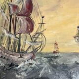 French oil painting on wood dutch 17th / early 18th century sailing ships in the sea storm