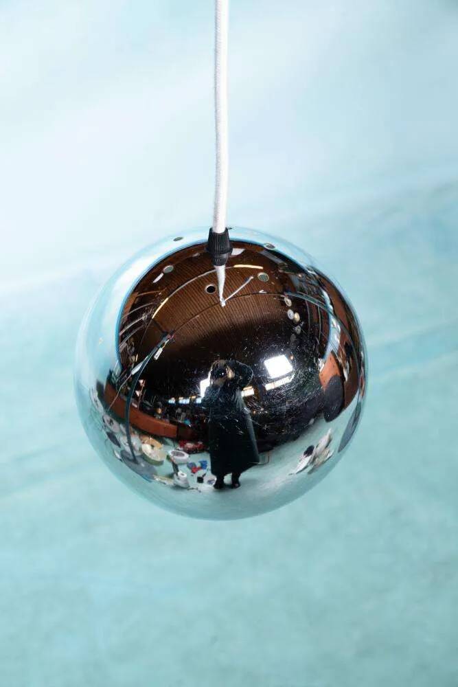 Vintage chrome sphere pendant lamp, space age eye lamp.